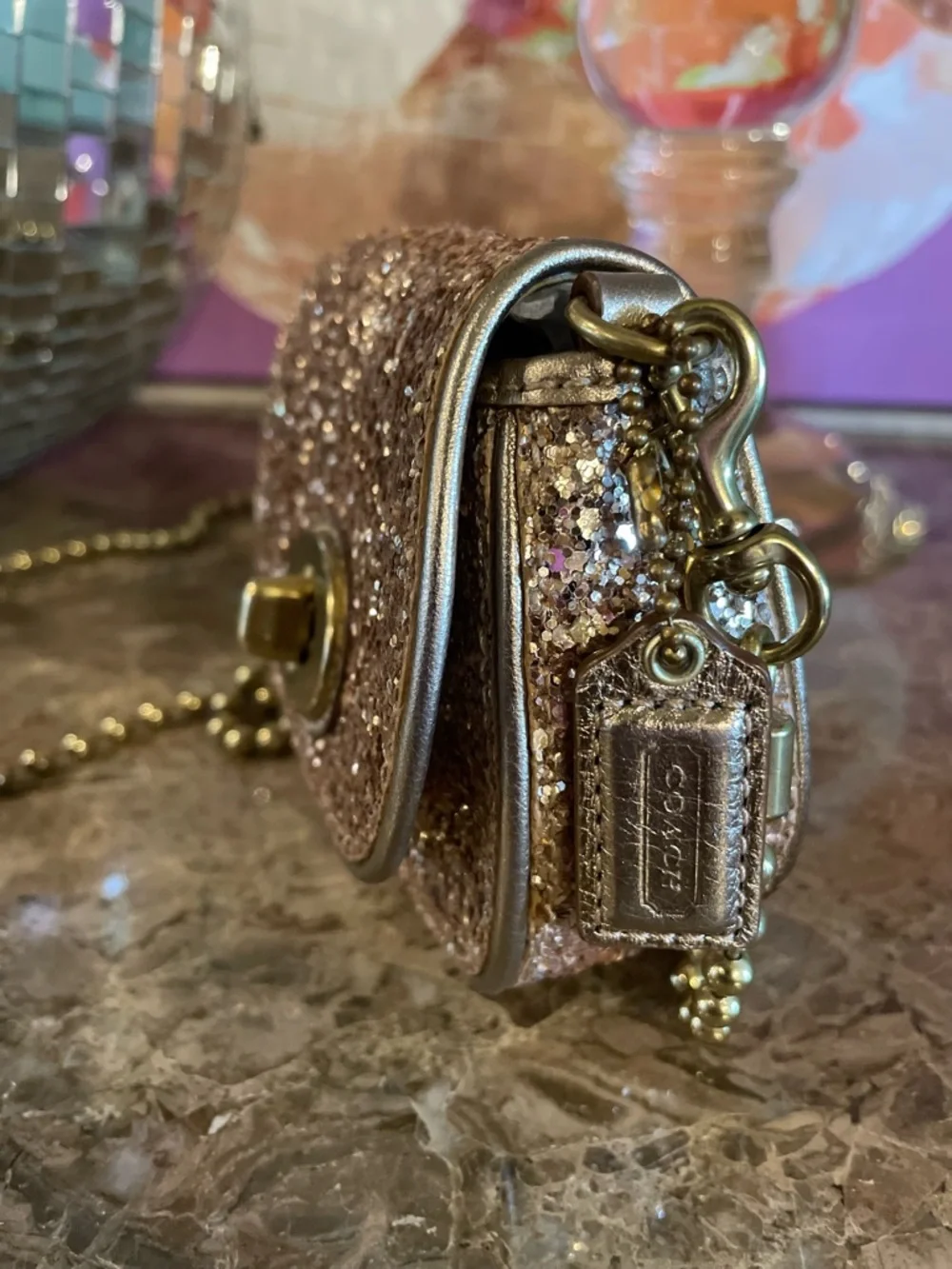 COACH Sparkle Leather Crossbody Gold Glitter Mini Bag Style No 43292 - Picture 9 of 17